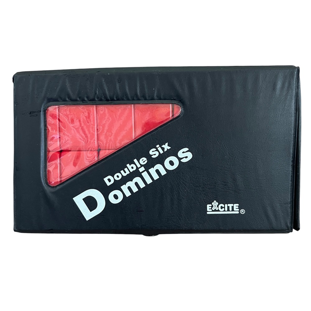Excite Double Six Dominoes Set 28 Red Tiles Black Vinyl Snap Case 6621
